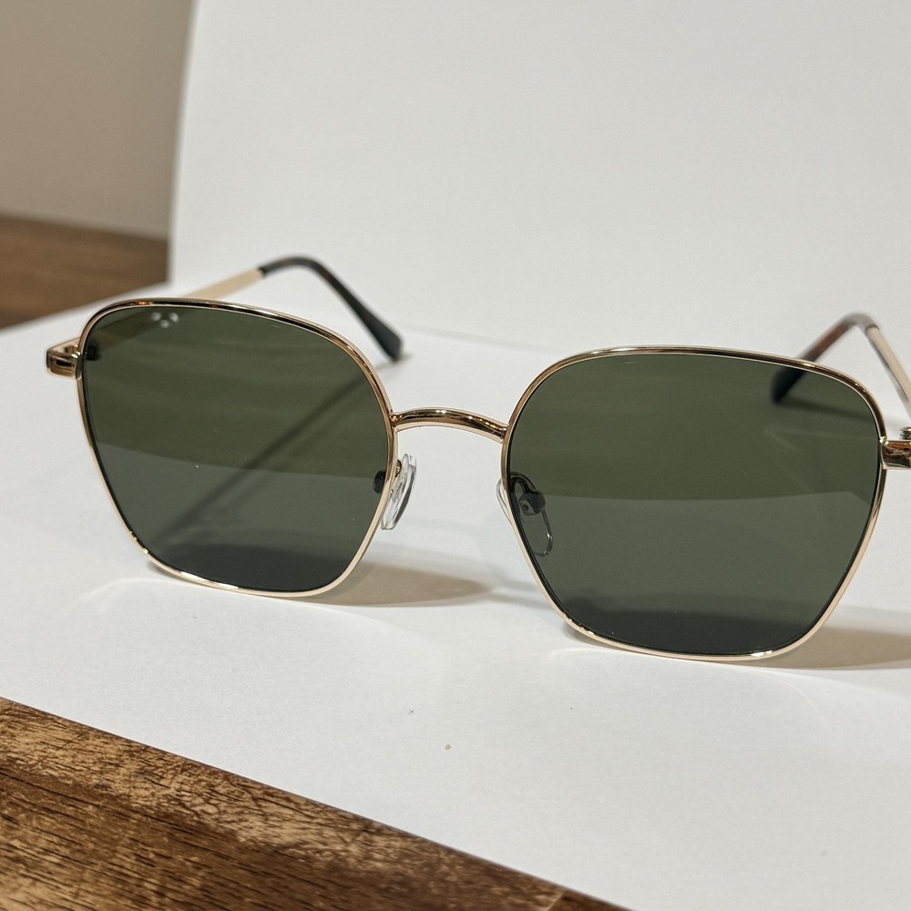 AIRE Spiral Sunglasses Womens Gold Square Green Tinted Lenses Metal Adjustable